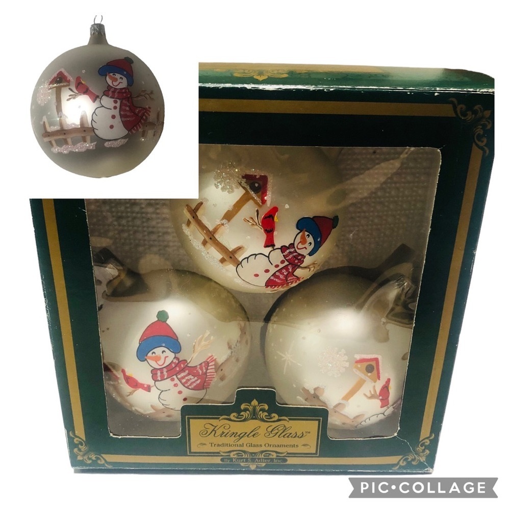 Vtg Glass Ornaments Kringle Kurt Adler Red White Blue Snowman Bird Shimmer Ball
